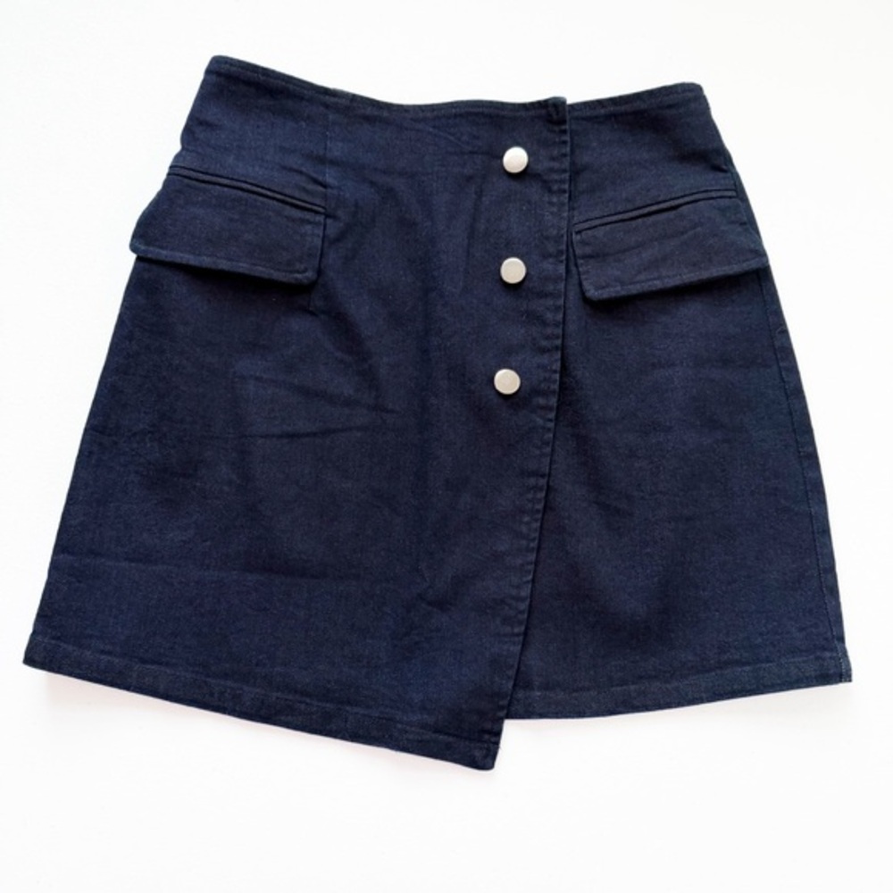 🔆 VICI Dark Blue Denim Asymmetrical‎ Faux Wrap Mini Skirt Size S